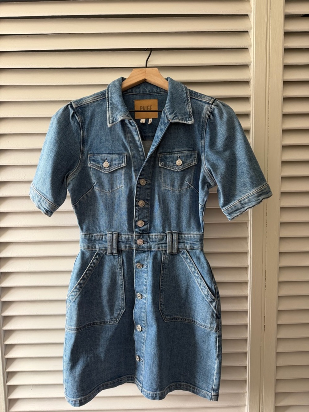 PAIGE Short Sleeve Button-Front Denim Dress in Medium Blue